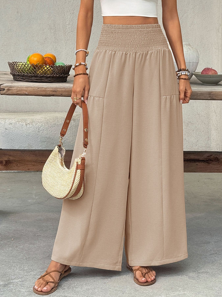 Smocked high-waist wide-leg cotton pants with pockets