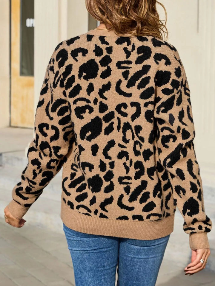 Long sleeve leopard print tie-front knit cardigan