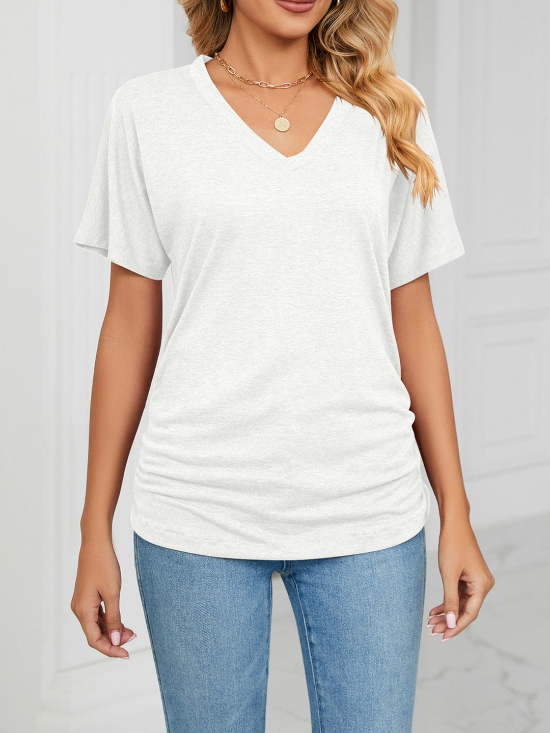 Relaxed V-neck short sleeve tee with drop shoulders