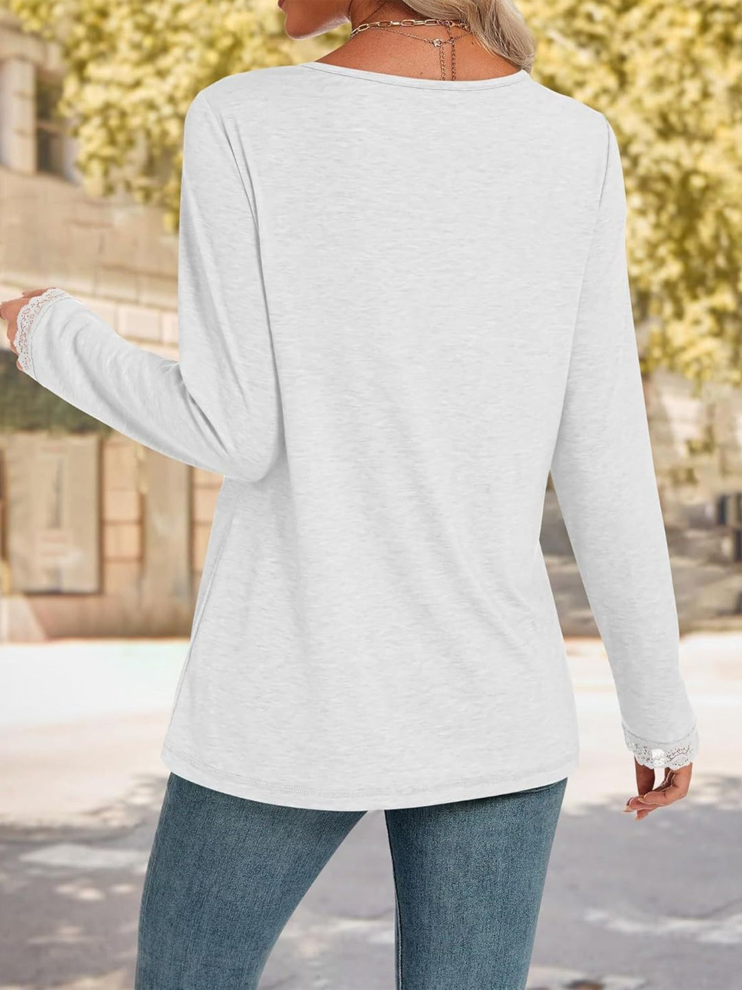 Lace trim V-neck long sleeve top with lace cuffs