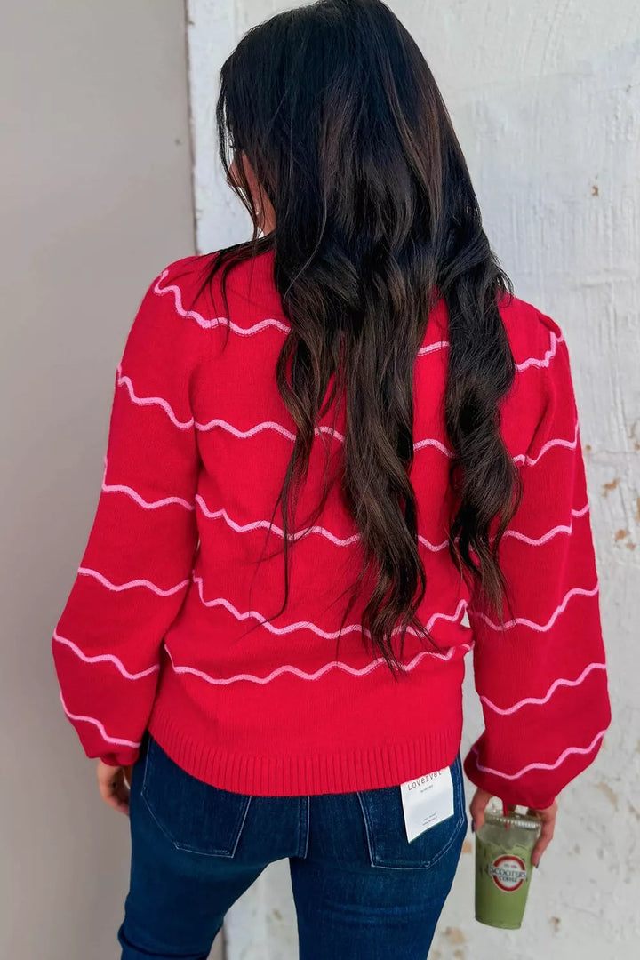 Wavy contrast stripe crew neck knit pullover sweater