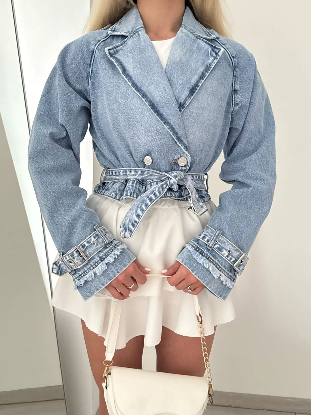 Cropped double-breasted denim jacket with belted cuffs