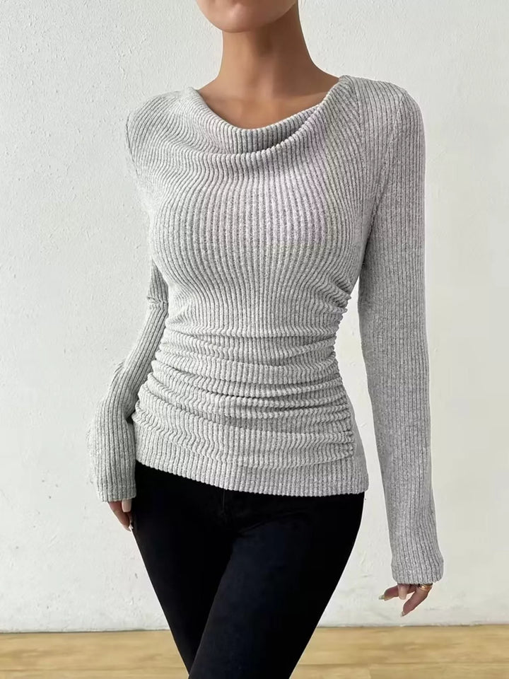Light Gray Ribbed knit cowl neck top with ruched sides