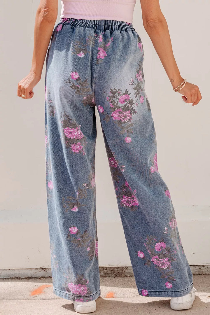 Floral print wide-leg elastic waist pull-on jeans