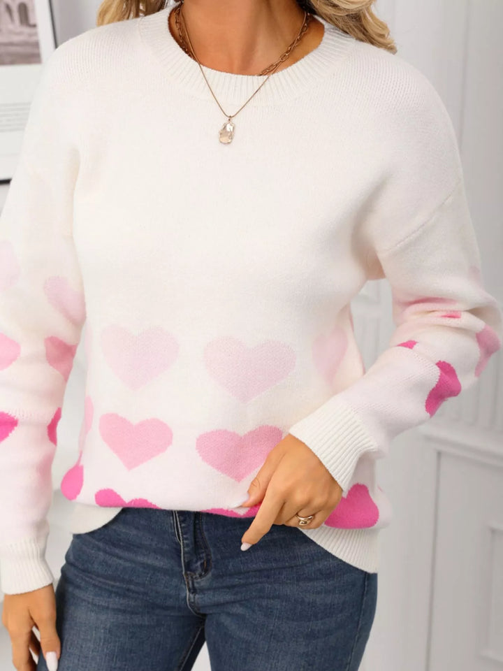 Heart pattern crew neck sweater with ribbed cuffs