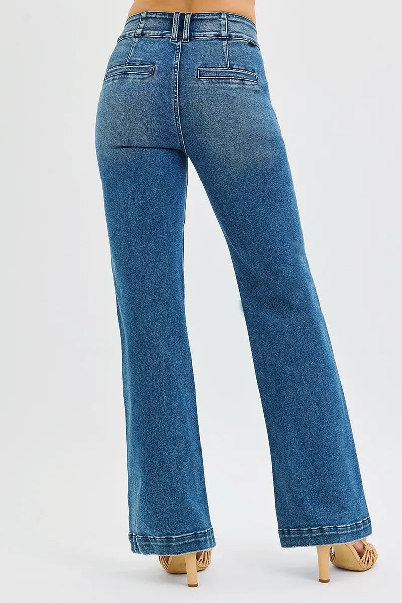 High-rise tummy-control bootcut jeans with double-button waistband