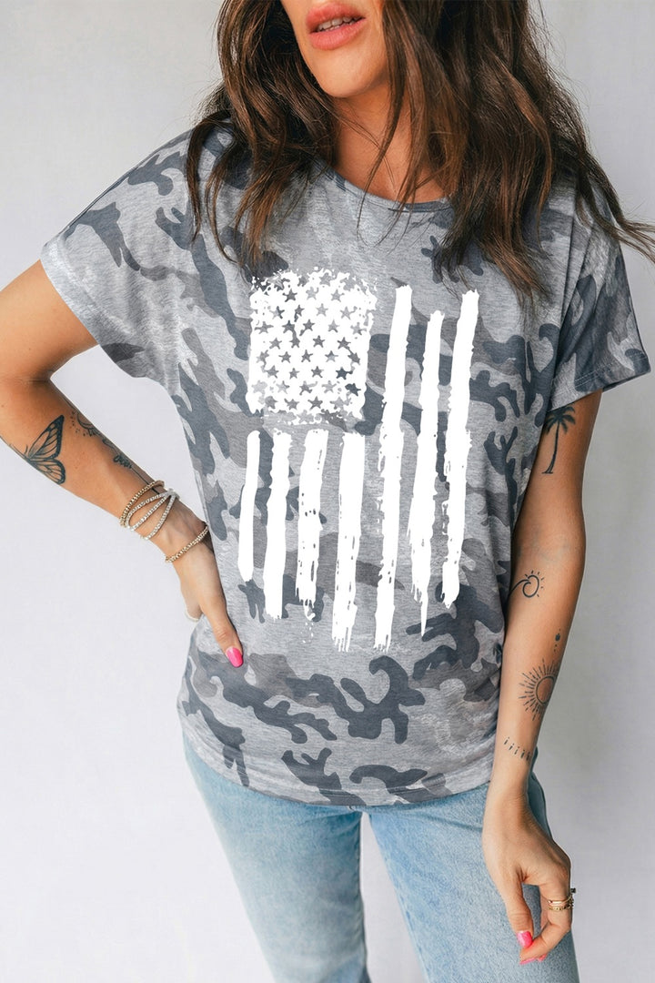 Gray Camo American flag graphic crew neck tee