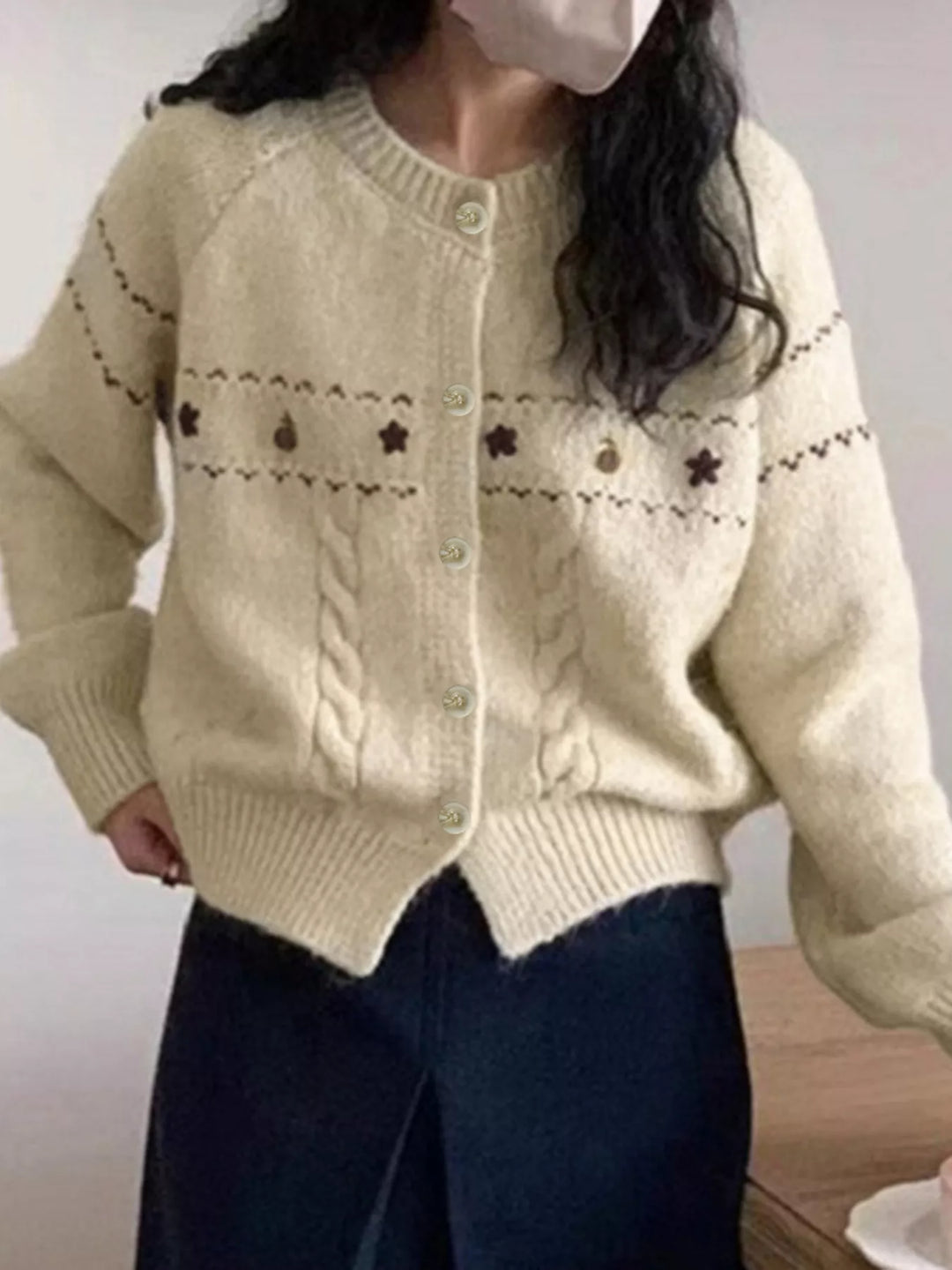 Beige Floral embroidered cable-knit button-up cardigan