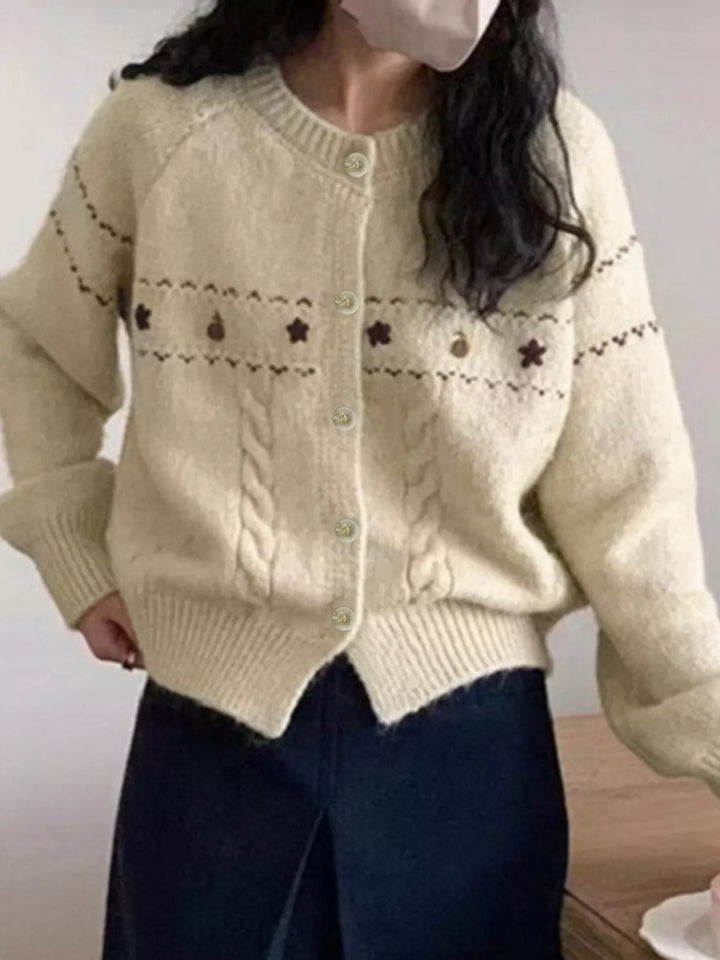 Beige Floral embroidered cable-knit button-up cardigan