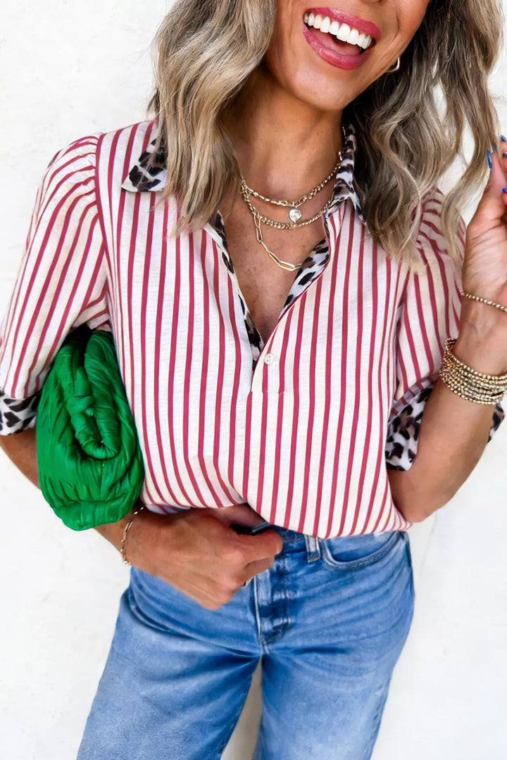 Dusty Pink Striped button-down shirt with leopard collar and sleeve trim