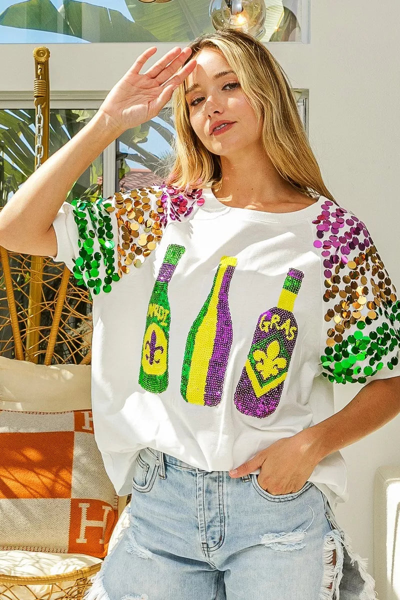 Sequin Mardi Gras bottles graphic tee with paillette sleeves