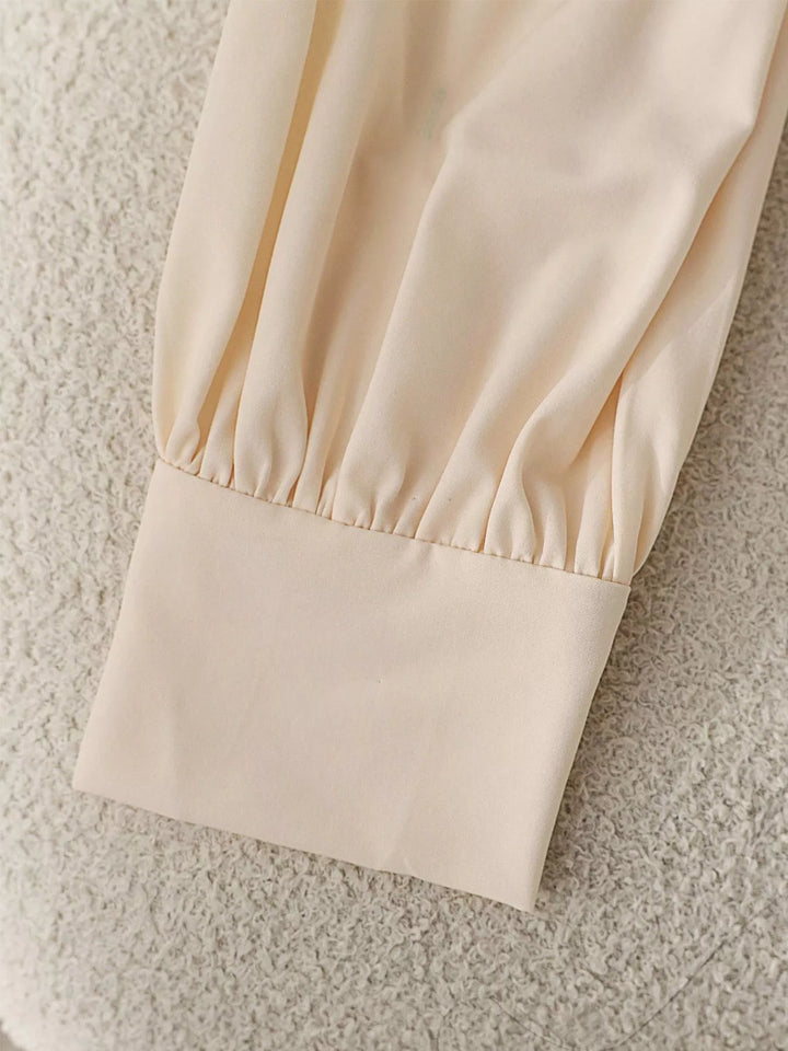 Puff sleeve bow-tie neck button-front blouse