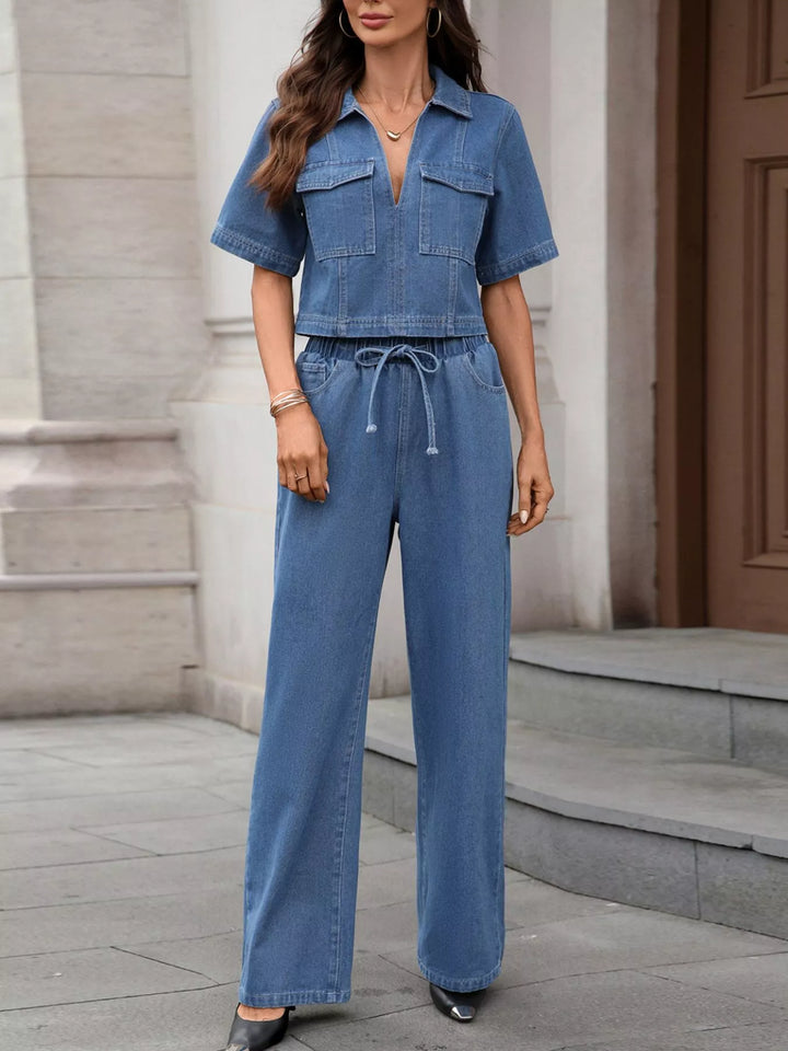 Short sleeve denim two-piece set with drawstring wide-leg pants