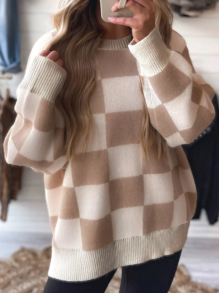 Checkered knit crewneck sweater with ribbed trim
