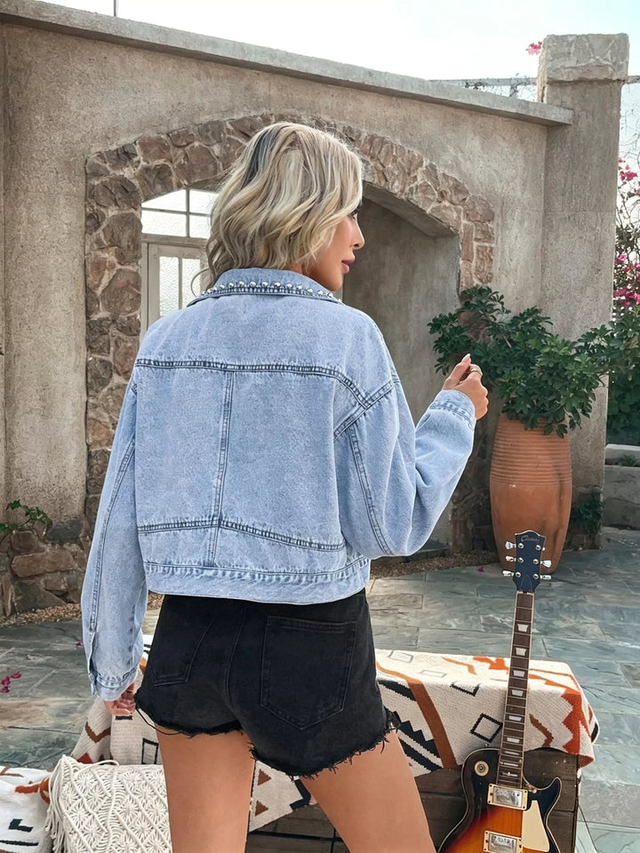 Studded cropped denim jacket with button front - Blue