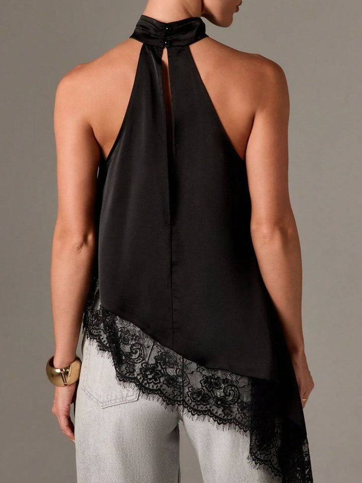 Satin halter neck cami with lace trim asymmetrical hem