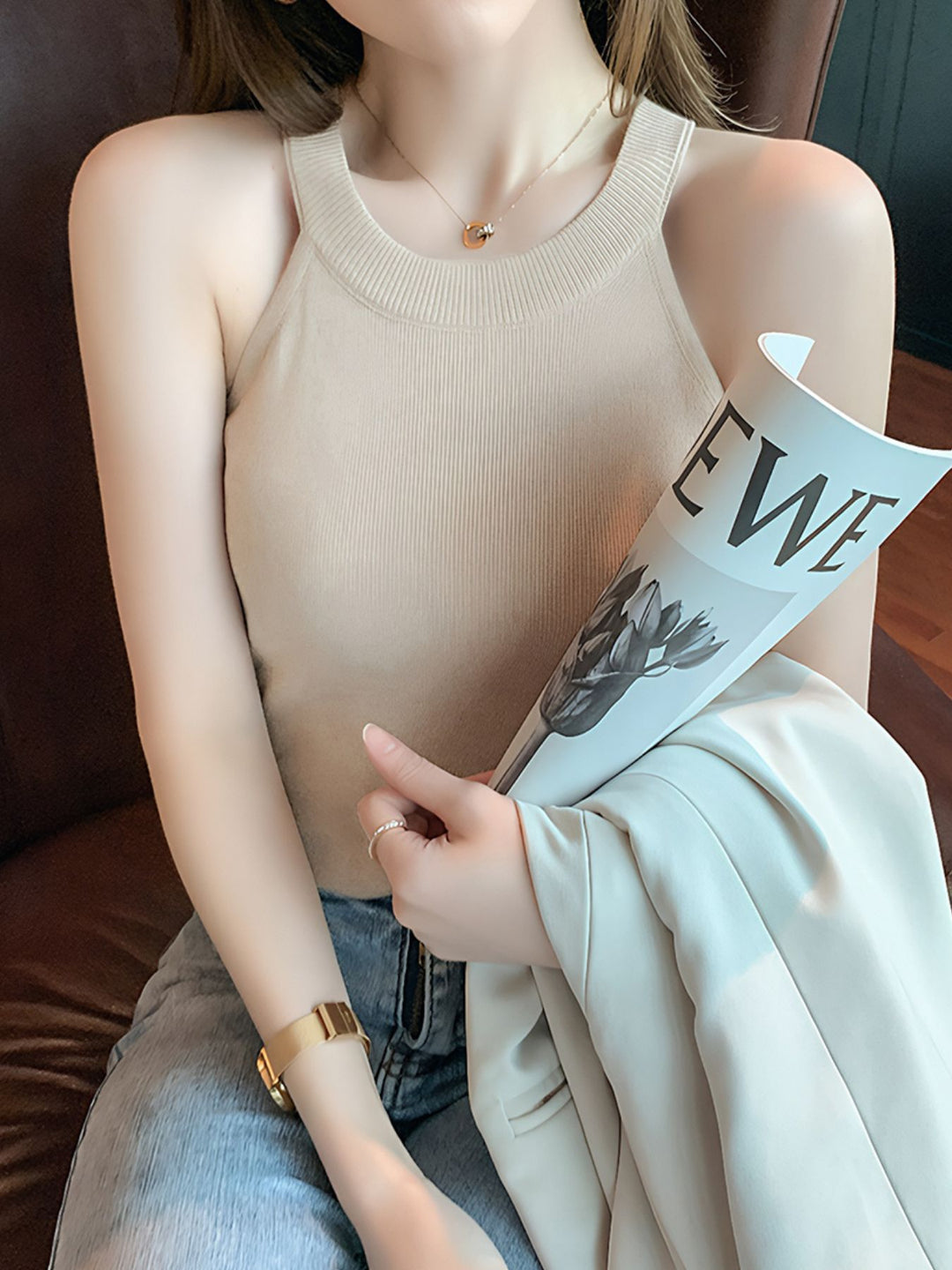 Apricot Ribbed knit sleeveless tank with high round neck