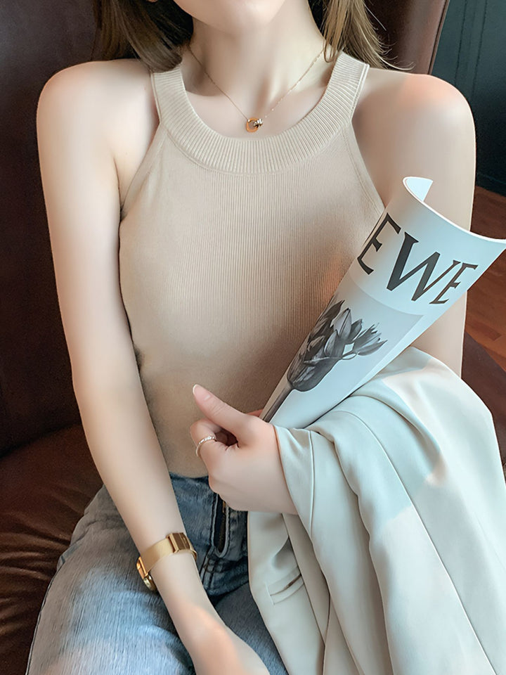 Apricot Ribbed knit sleeveless tank with high round neck
