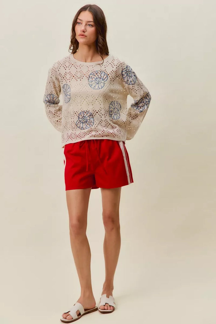 Seashell motif openwork knit long sleeve top