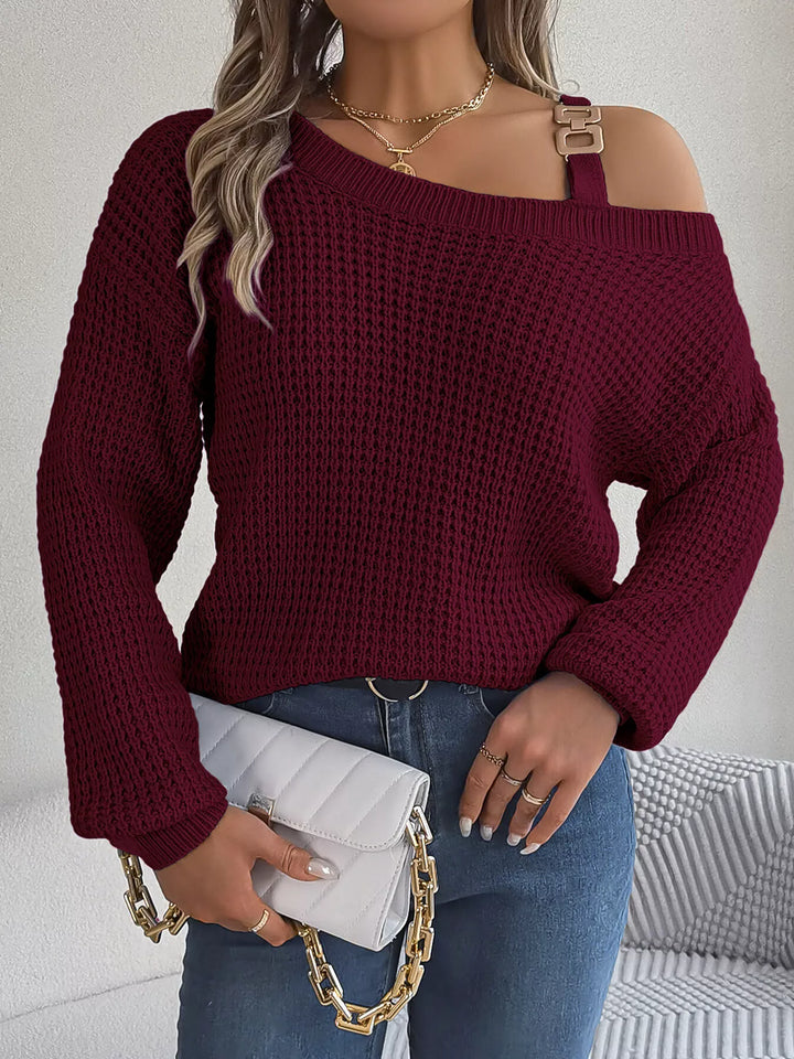 Burgundy Asymmetrical cold-shoulder openwork knit sweater with chain strap
