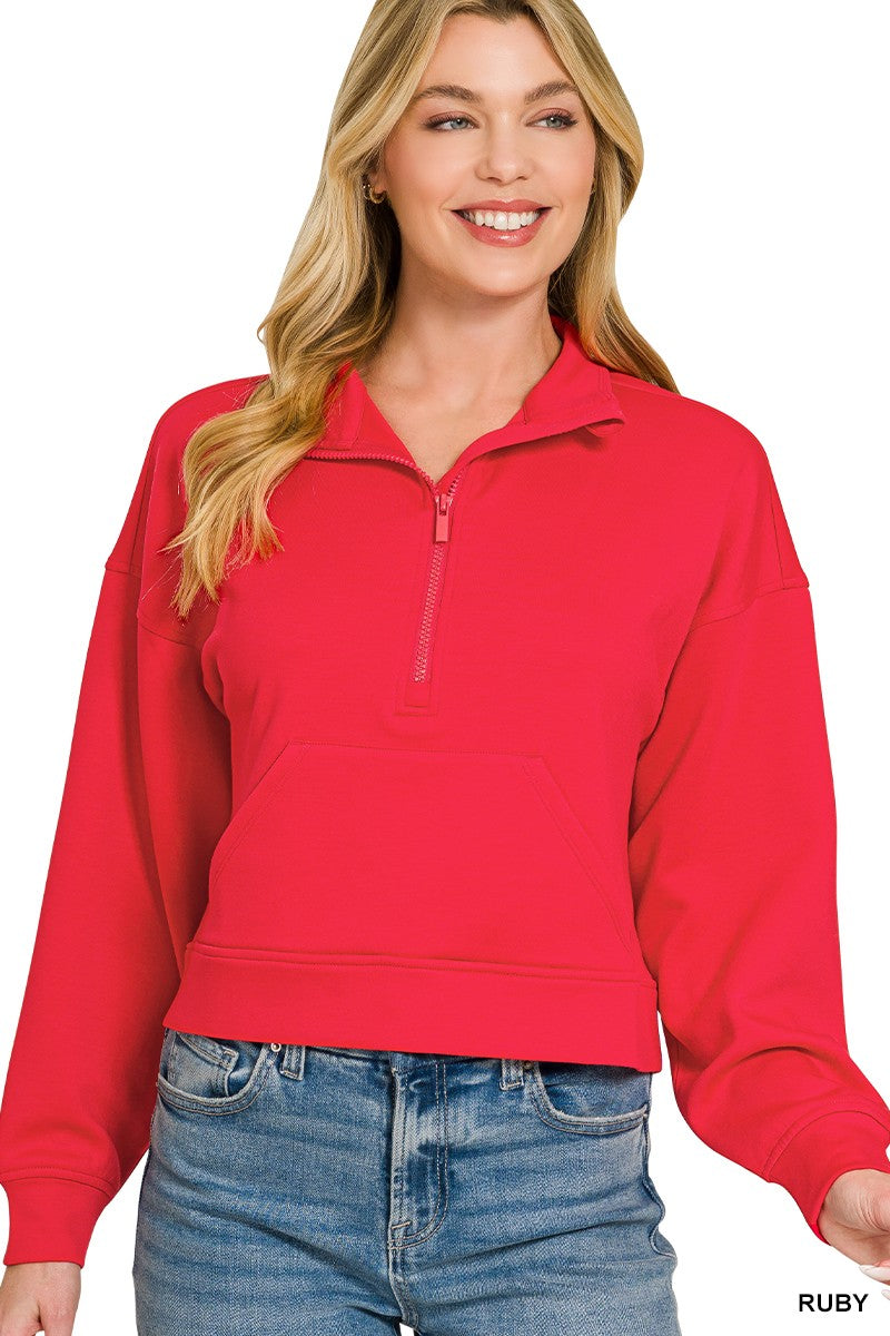 RUBY Cropped scuba half-zip pullover with kangaroo pocket