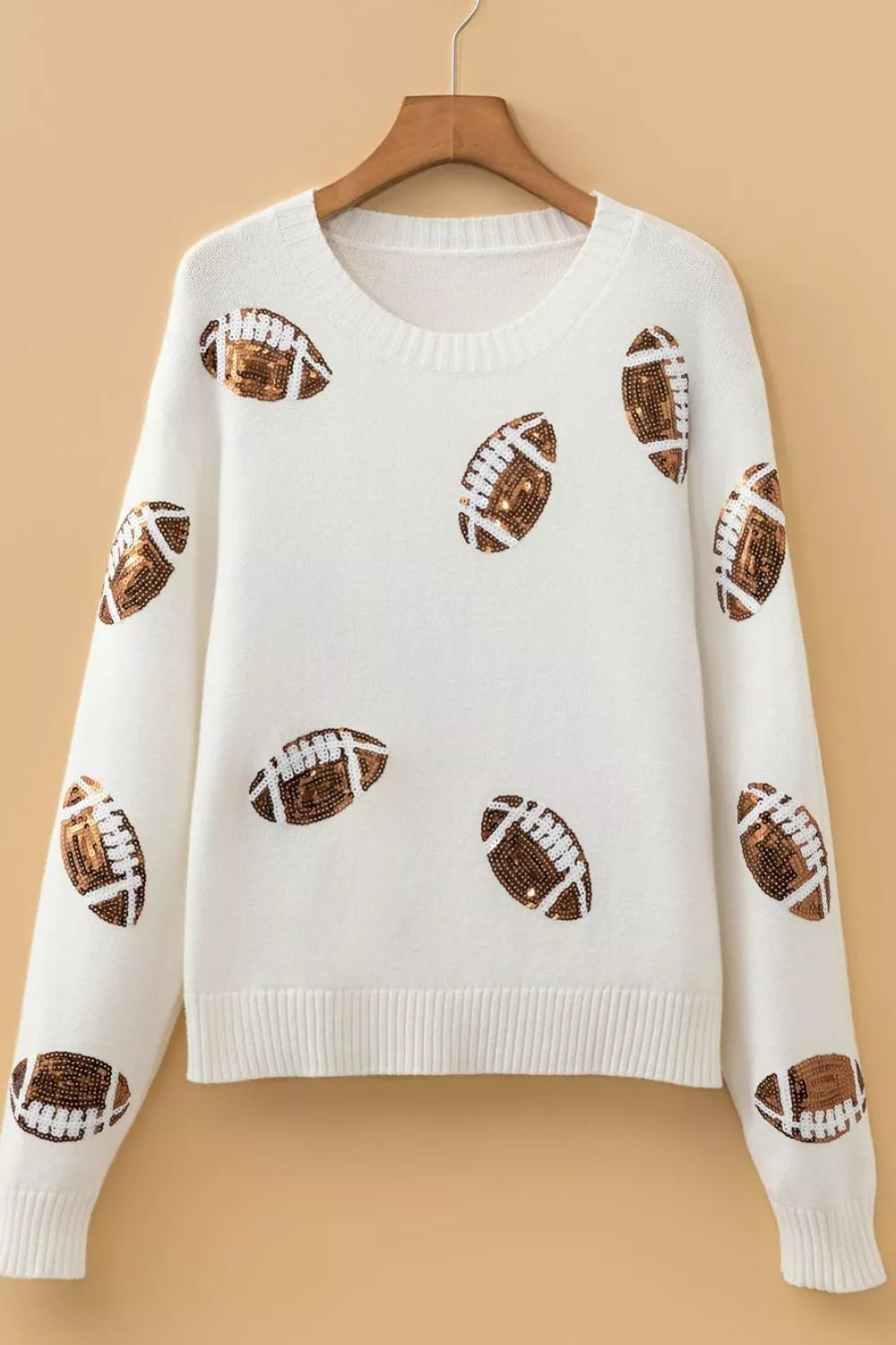 Sequin football knit sweater with ribbed crew neck
