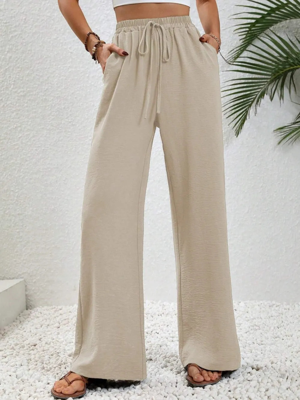 Cream High-rise wide leg drawstring pants with pockets