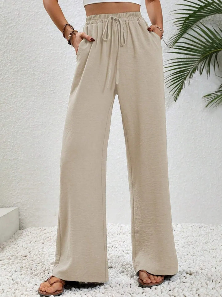 Cream High-rise wide leg drawstring pants with pockets