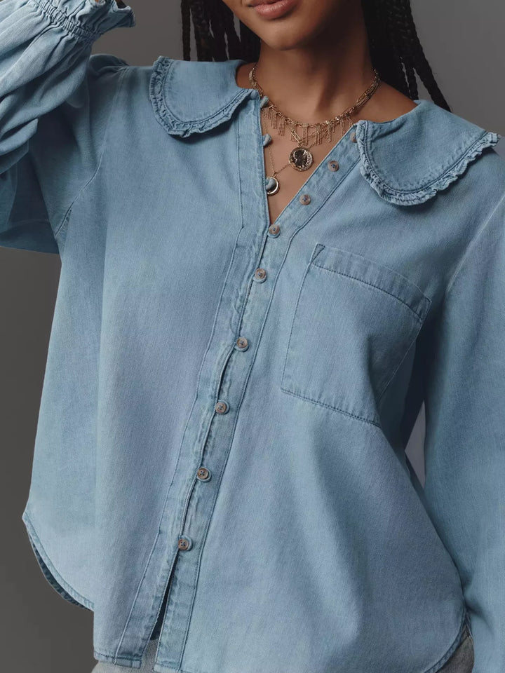 Peter Pan collar ruffled denim shirt with puff sleeves
