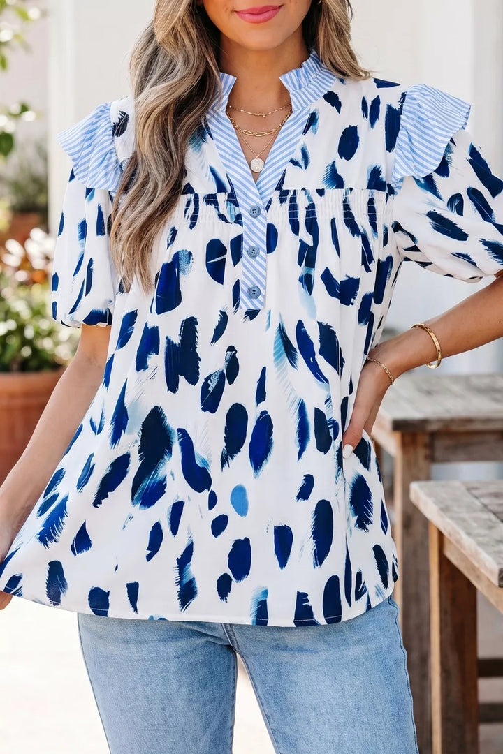 Light Blue Abstract animal print blouse with striped ruffle yoke