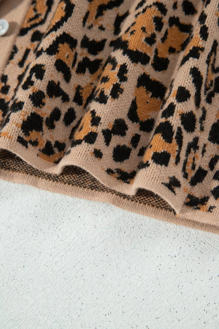 Leopard print collared button-front knit cardigan