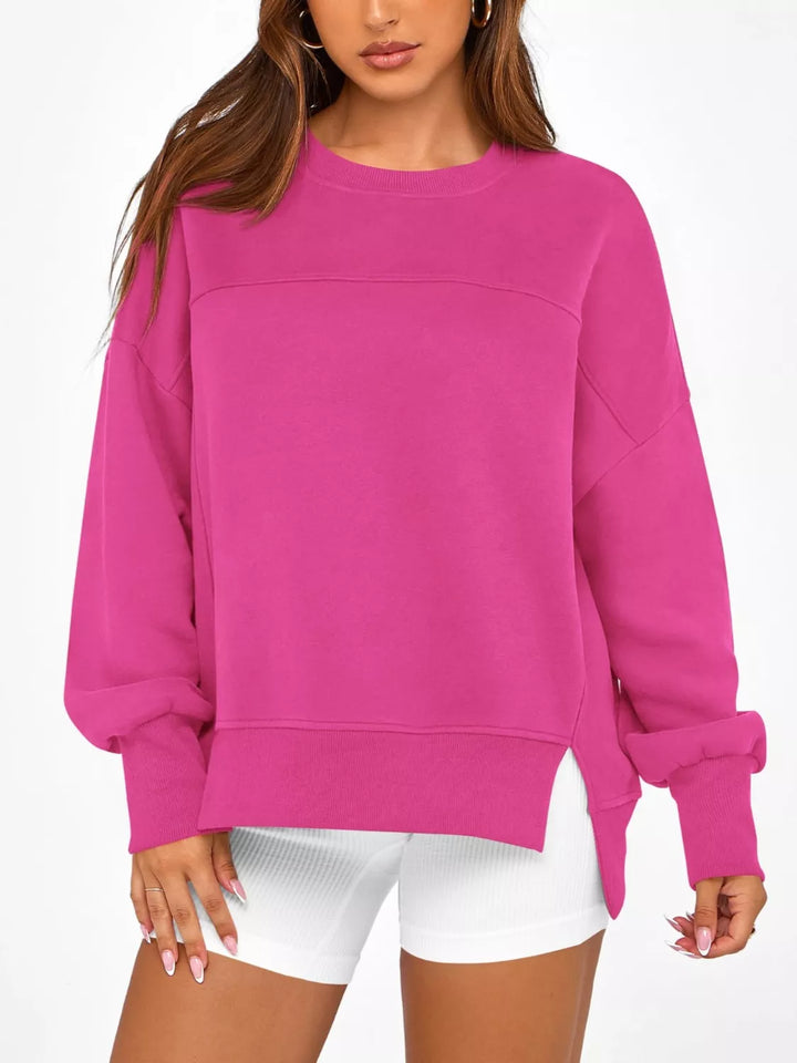 Side slit drop-shoulder relaxed crewneck sweatshirt