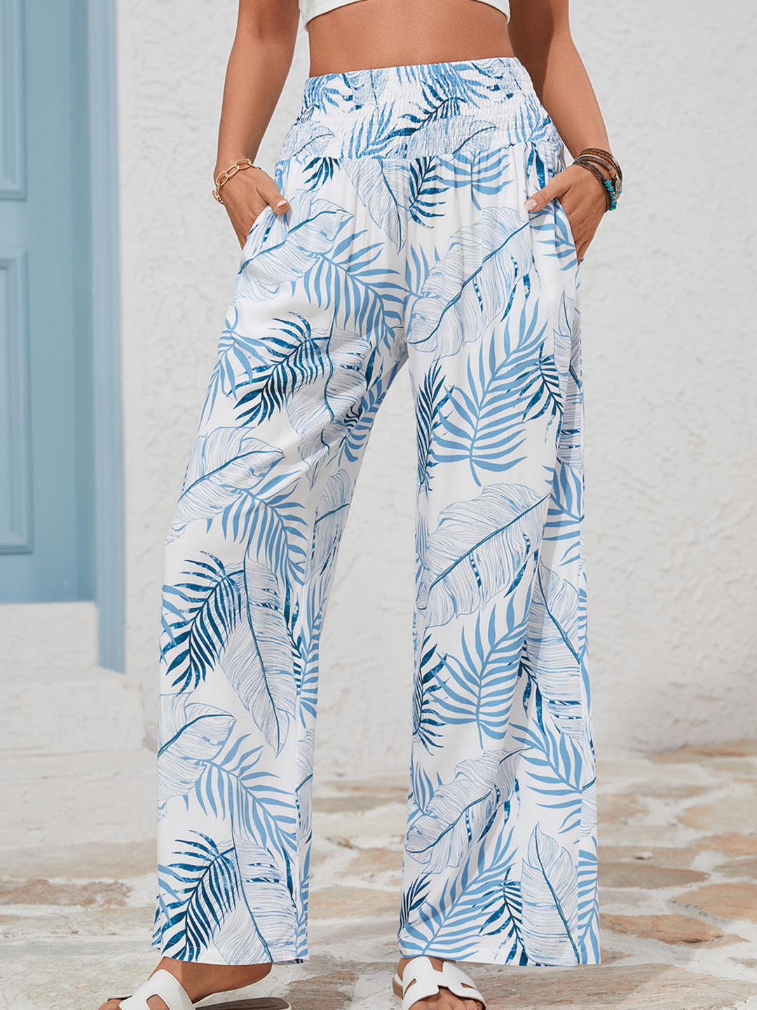 Tropical leaf print shirred-waist wide-leg pants