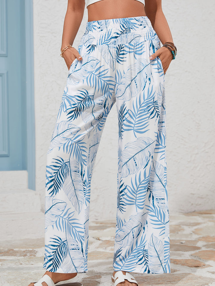 Tropical leaf print shirred-waist wide-leg pants
