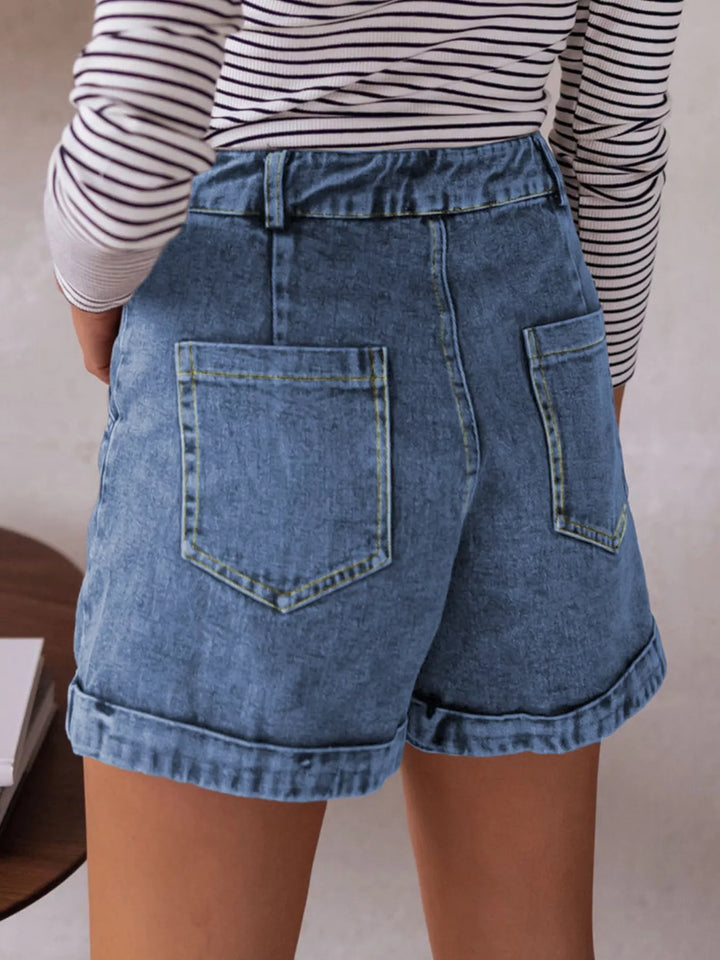 High-rise cuffed denim shorts with double-button waist