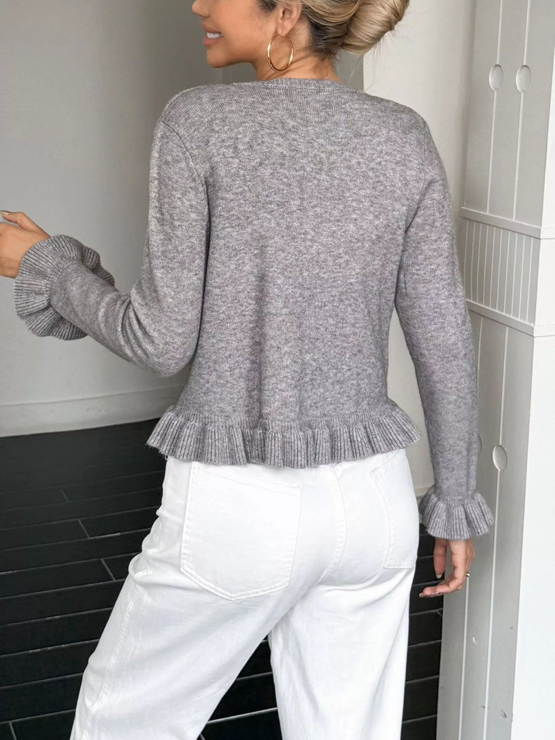 Ruffled trim button-up knit cardigan with crew neck