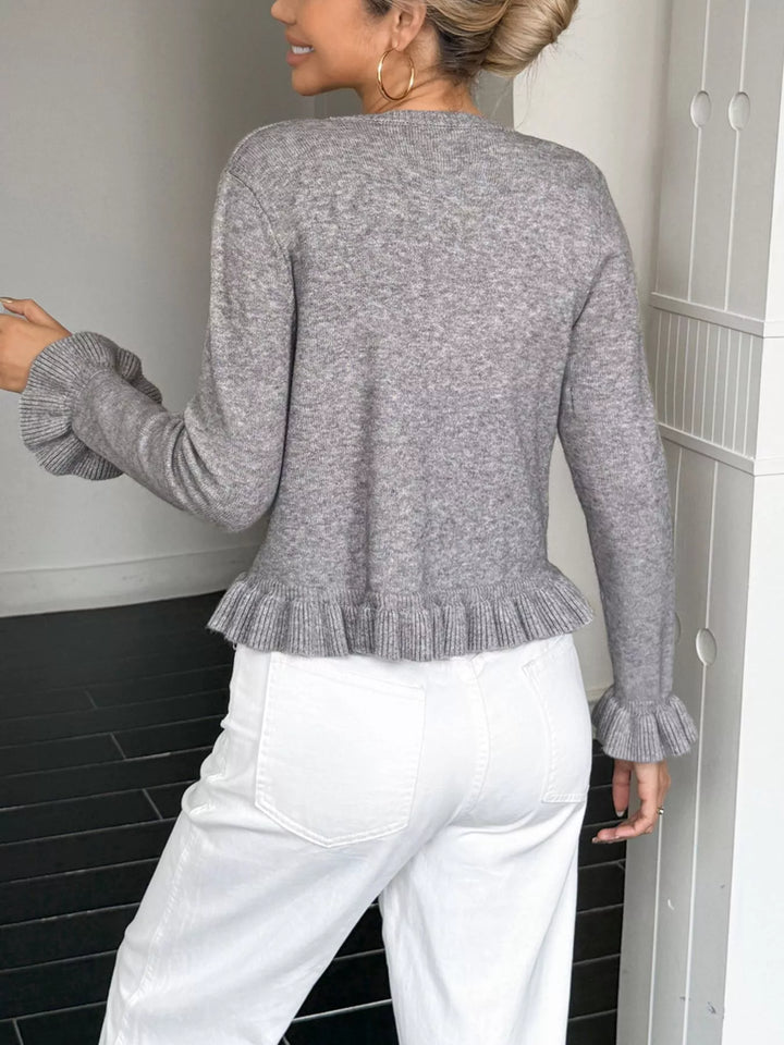 Ruffled trim button-up knit cardigan with crew neck