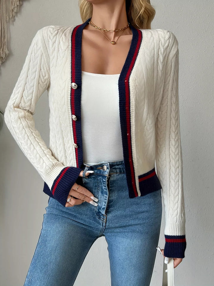 Cable knit cardigan with contrast trim and gold buttons