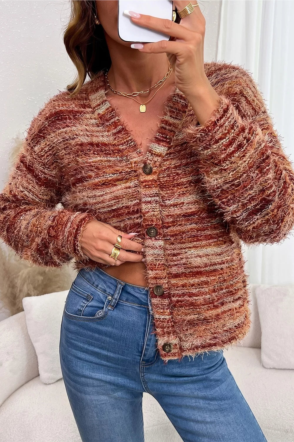 Fuzzy space-dye striped button-front cardigan sweater