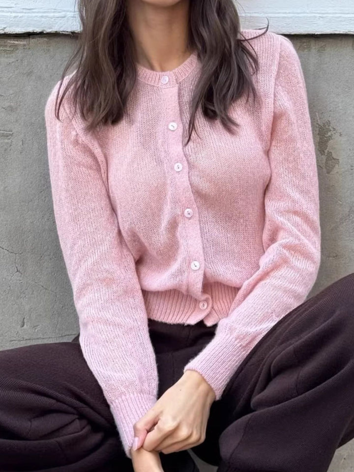 Sheer open-knit button-front cardigan with long sleeves