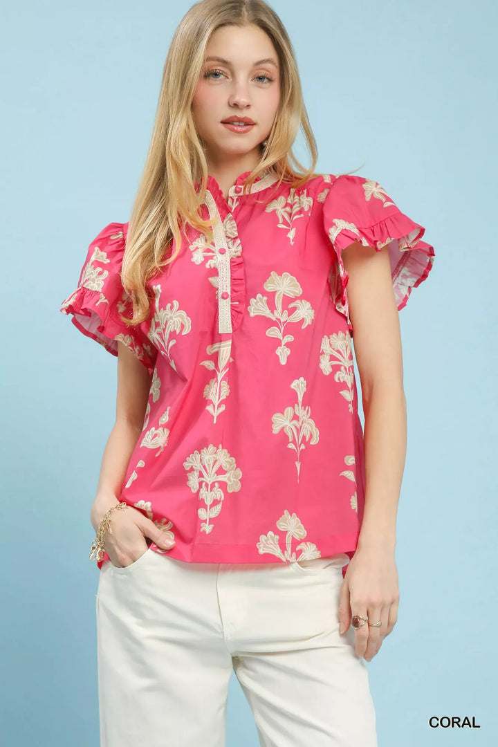 CORAL Floral flutter sleeve split-neck top with lace trim placket