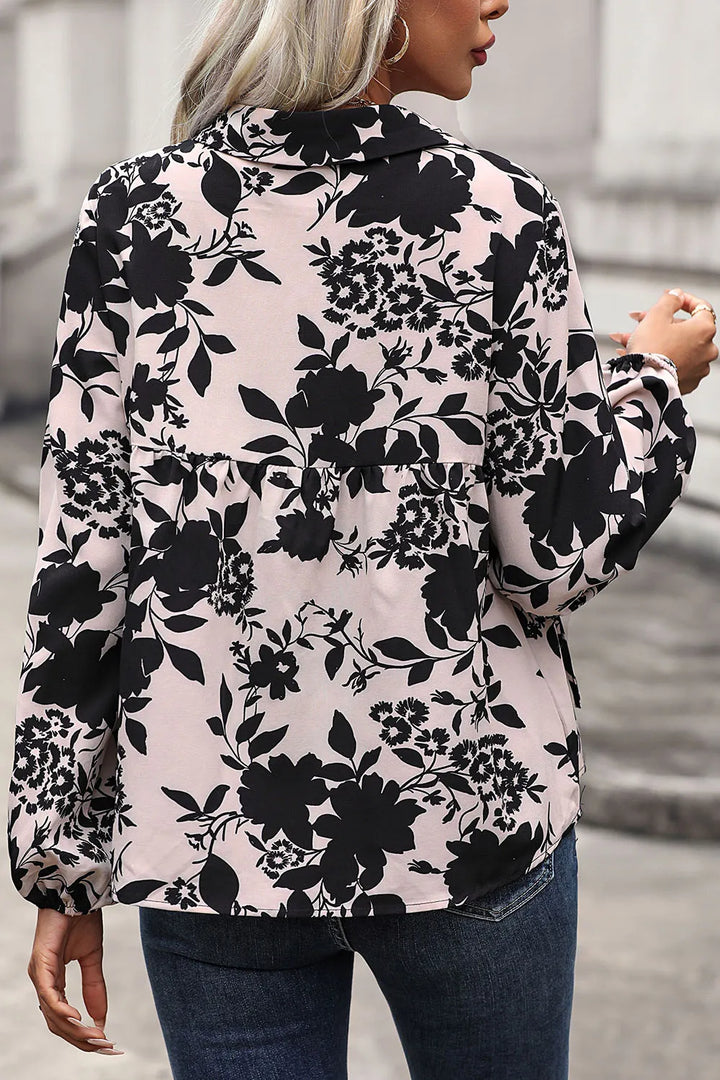 Floral print tie-neck balloon sleeve blouse