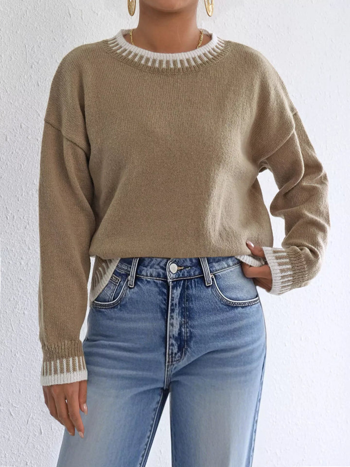 Contrast whipstitch trim drop shoulder crew neck sweater