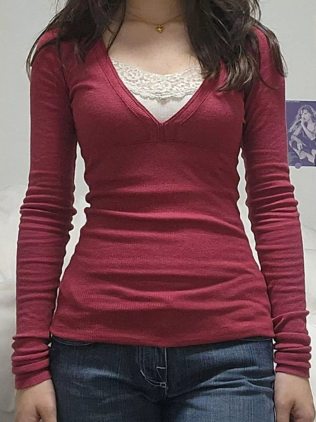 Long sleeve V-neck top with lace trim neckline