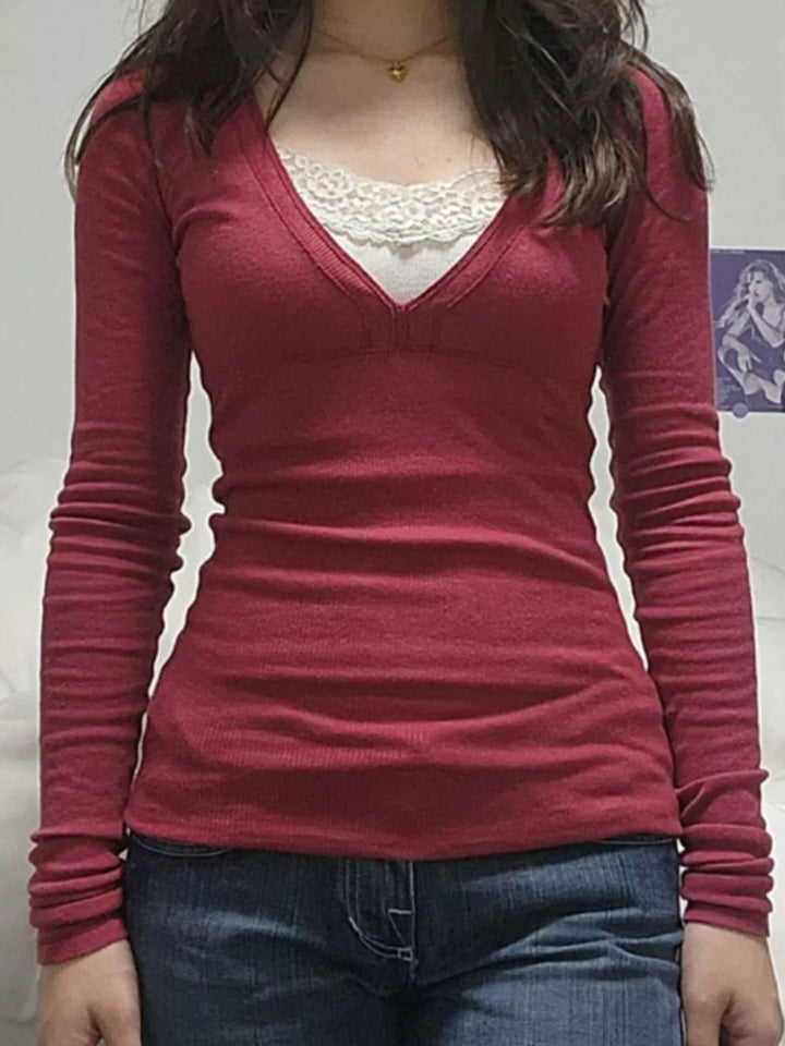 Long sleeve V-neck top with lace trim neckline