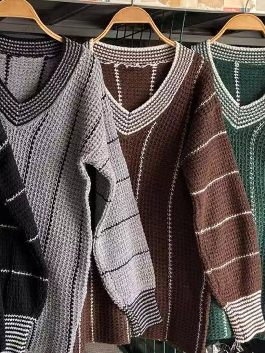 Gray Waffle knit V-neck sweater with contrast stripe trim