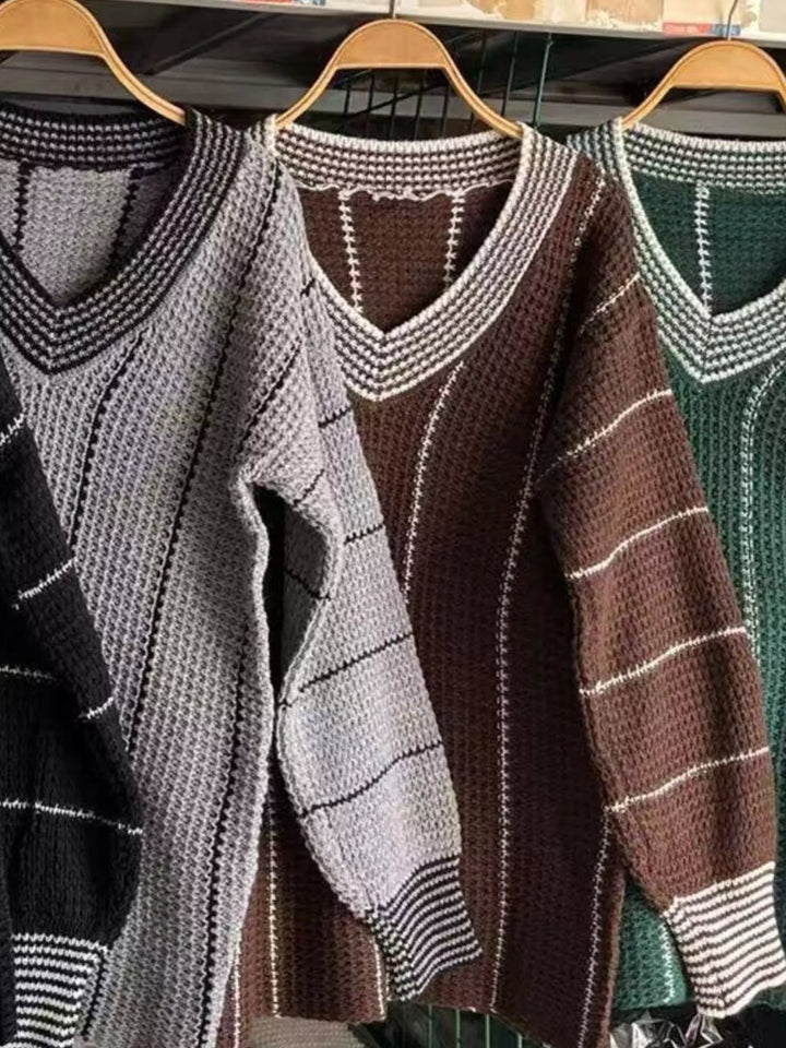 Gray Waffle knit V-neck sweater with contrast stripe trim