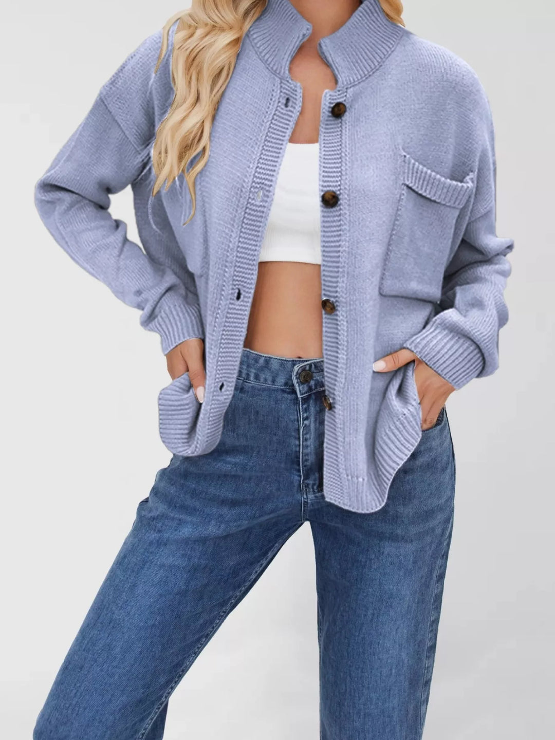 Light Blue Dropped shoulder button-up knit cardigan with chest pocket
