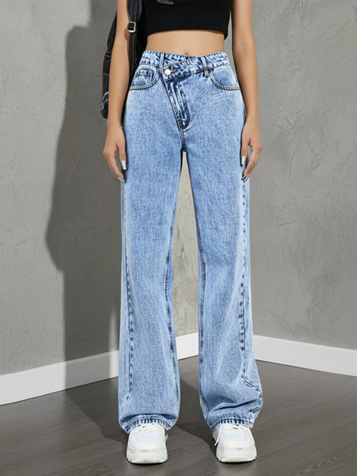 Asymmetric crossover high-rise wide leg jeans