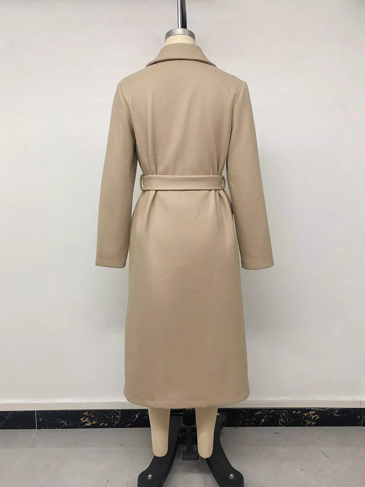 Double-breasted longline coat with notch lapel and tie belt